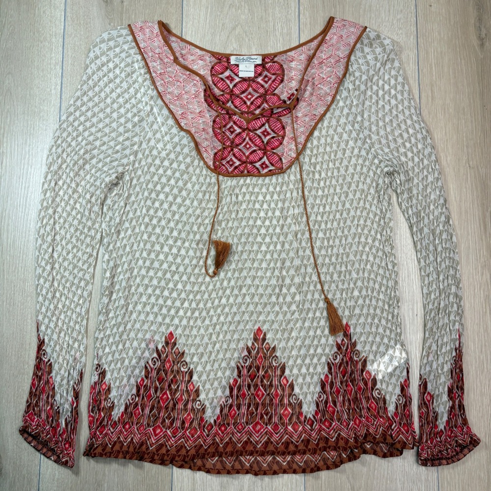 Lucky Brand Sheer Boho Peasant Top Red Cream Ikat Geometric Print Tassel Large